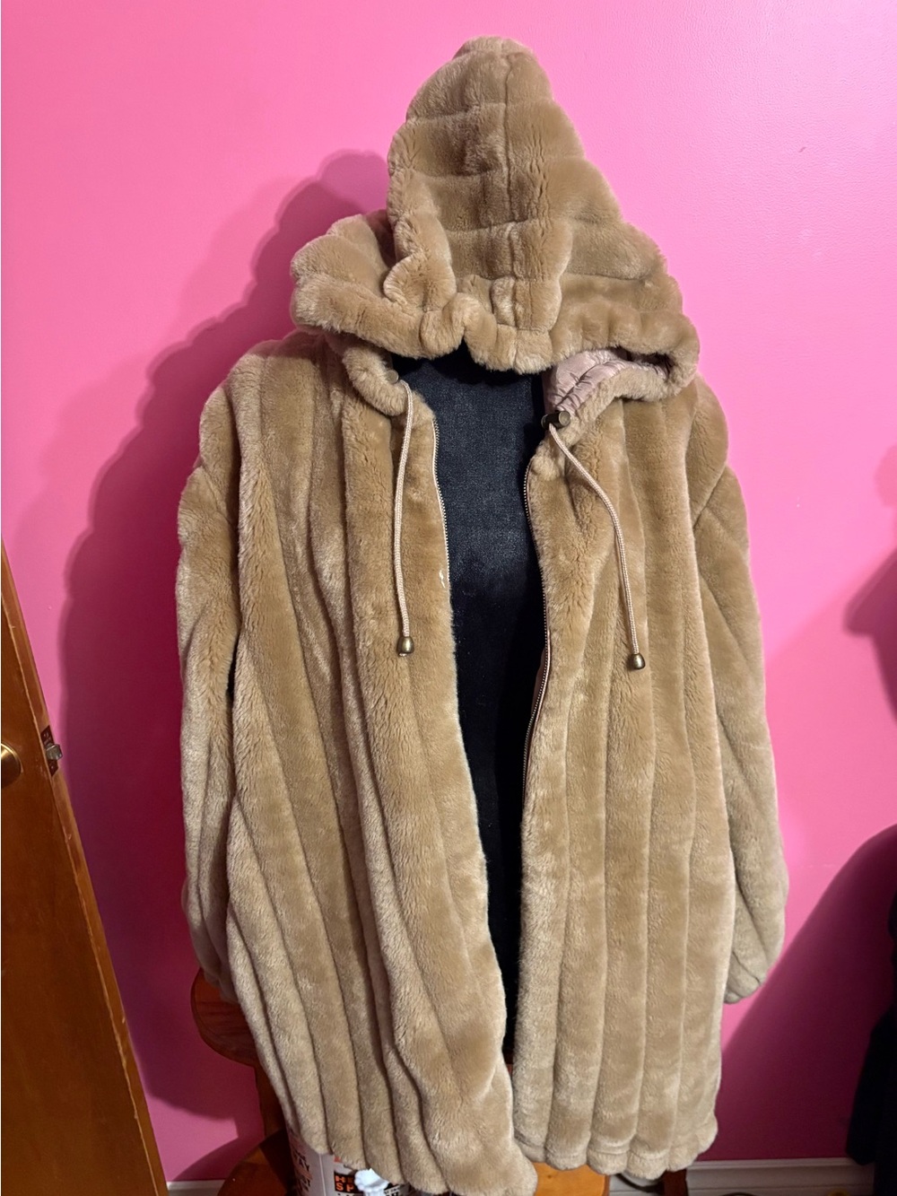 Luxury Faux Fur Hooded Coat - Taupe